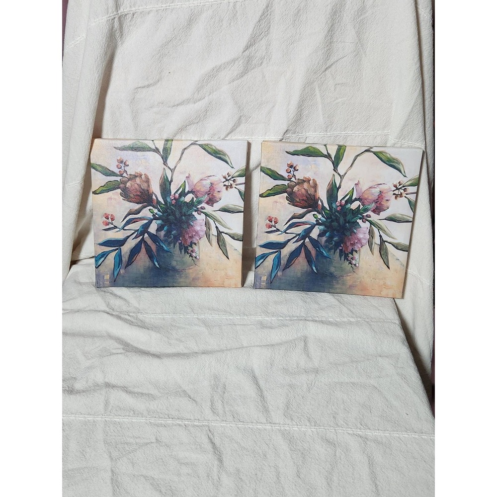 Set of 2 Floral Canvas Wall Art Prints 9 x9 Pink Green Botanical Decor